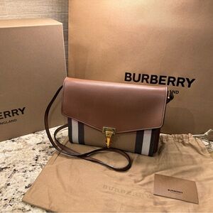 BURBERRY derby calfskin house check small macken crossbody bag Tan
